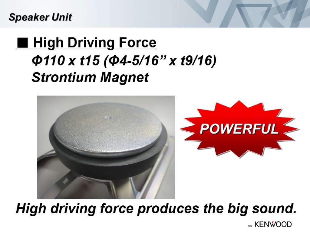 105 Speaker Unit ■ High Driving Force Φ110 x t15 (Φ4-5/16” x t9/16) Strontium